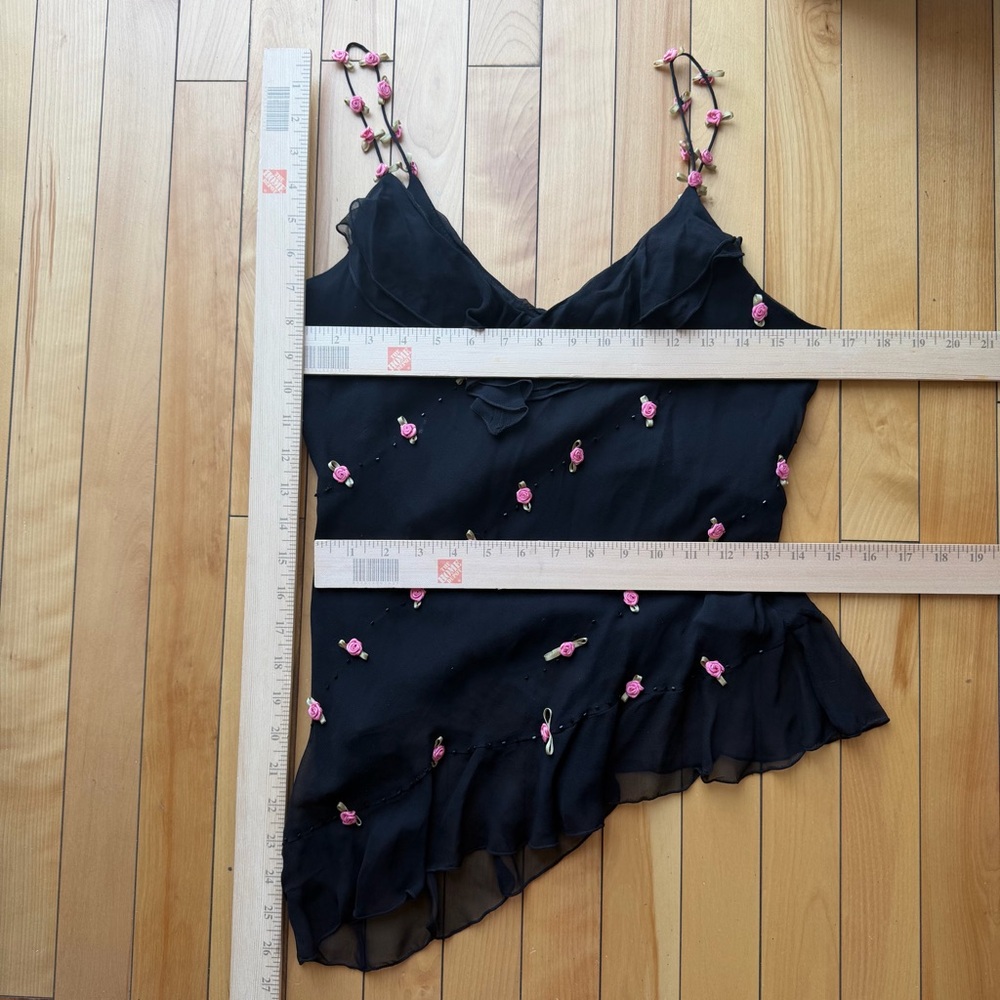 vintage y2k 100% silk beaded top asymmetrical hem rose straps - Picture 3 of 7